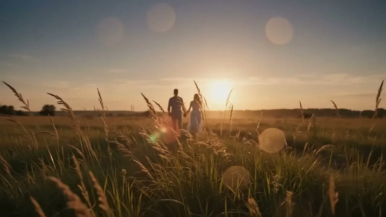 Couple at golden hour in an open field during a destination wedding shoot
